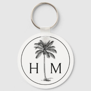 Black and White Palm Palmetto Tree Monogram Key Ring