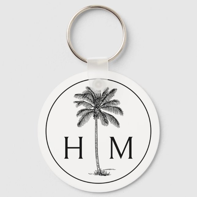 Black and White Palm Palmetto Tree Monogram Key Ring (Front)