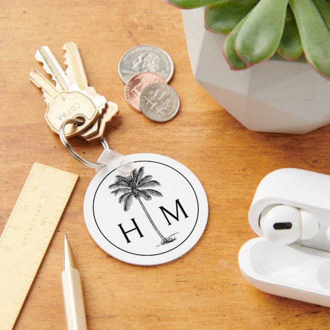 Black and White Palm Palmetto Tree Monogram Key Ring (Desk)