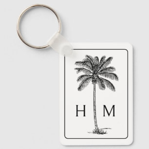Black and White Palm Palmetto Tree Monogram Key Ring