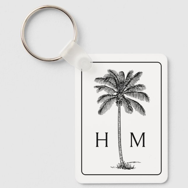 Black and White Palm Palmetto Tree Monogram Key Ring (Front)