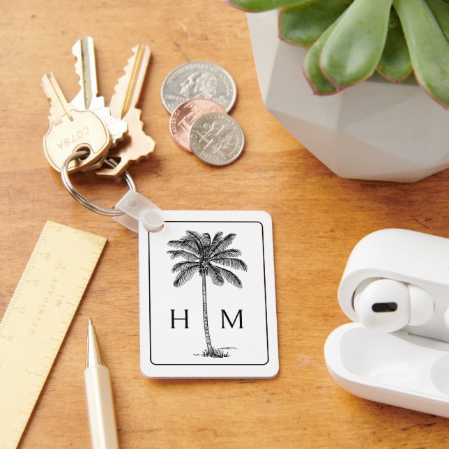 Black and White Palm Palmetto Tree Monogram Key Ring (Desk)