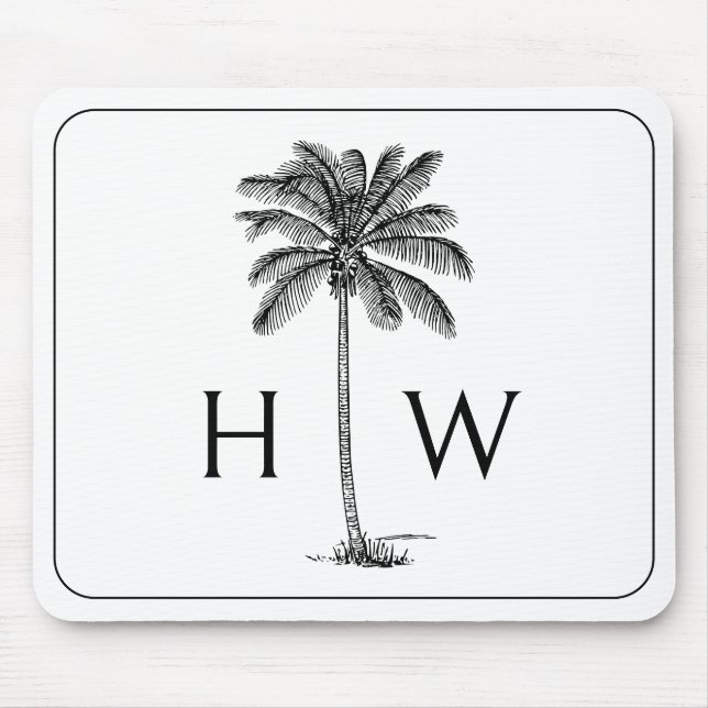 Black and White Palm Palmetto Tree Monogram Mouse Mat (Front)