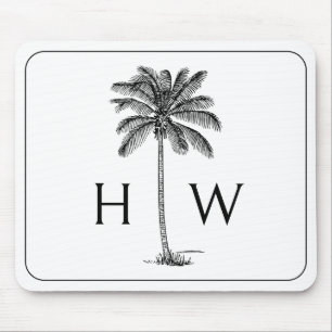 Black and White Palm Palmetto Tree Monogram Mouse Mat