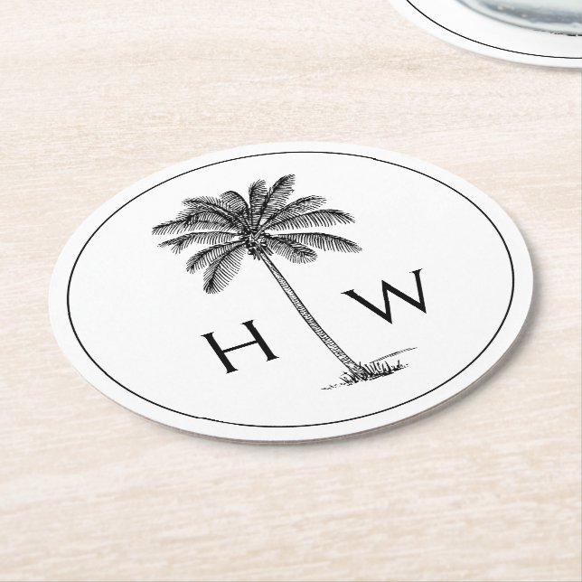 Black and White Palm Palmetto Tree Monogram Round Paper Coaster (Angled)