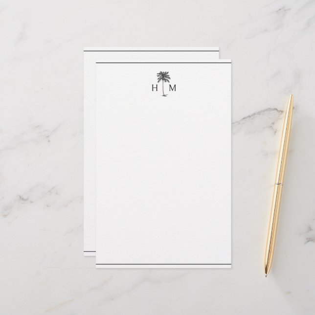 Black and White Palm Palmetto Tree Monogram Stationery (Front/Back In Situ)