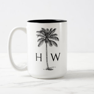 Black and White Palm Palmetto Tree Monogram Two-Tone Coffee Mug