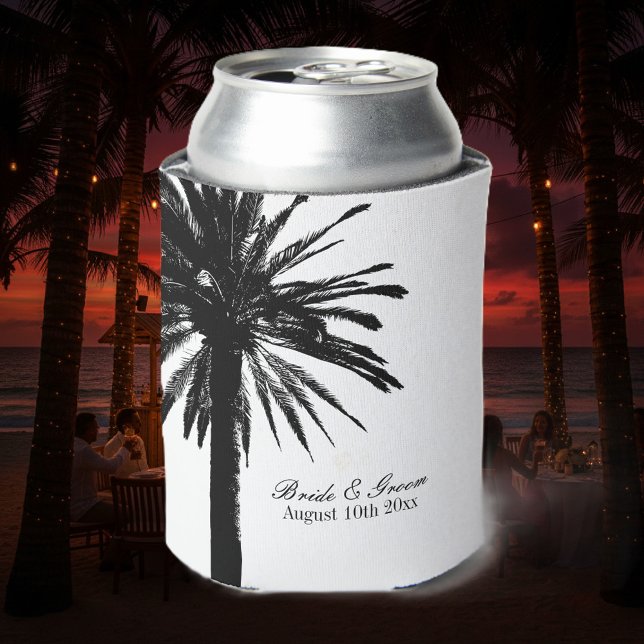Black and white palm tree beach wedding can cooler (Elegant beach wedding can cooler with palm trees)
