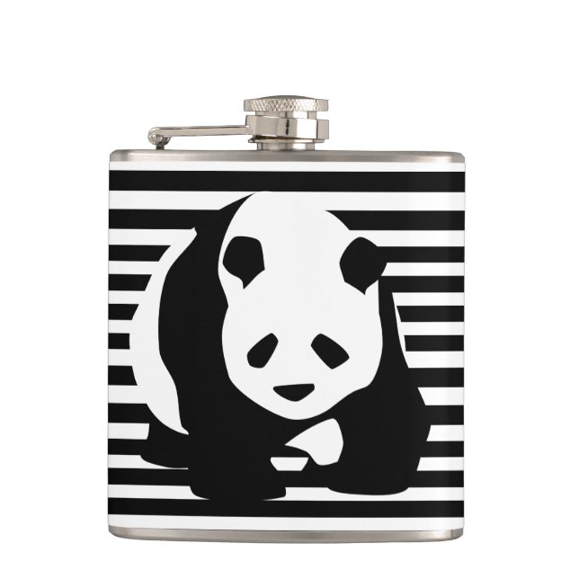 Black and White Panda and Stripes Hip Flask (Front)