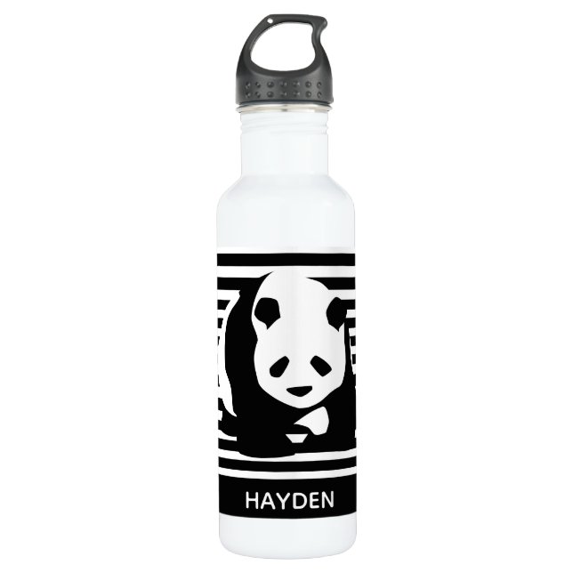 Black and White Panda and Stripes Personalised 710 Ml Water Bottle (Front)