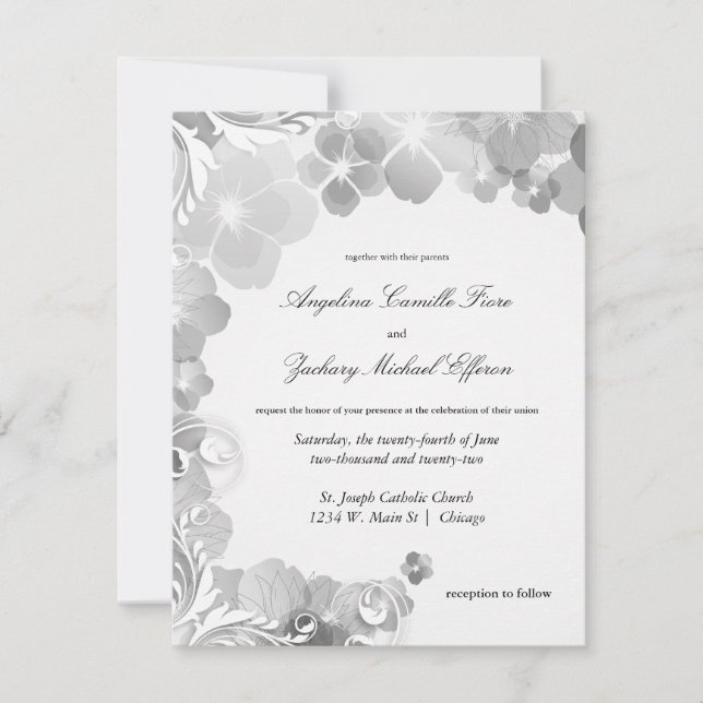 Black And White Pansies And Swirls Formal Wedding Invitation (Front)
