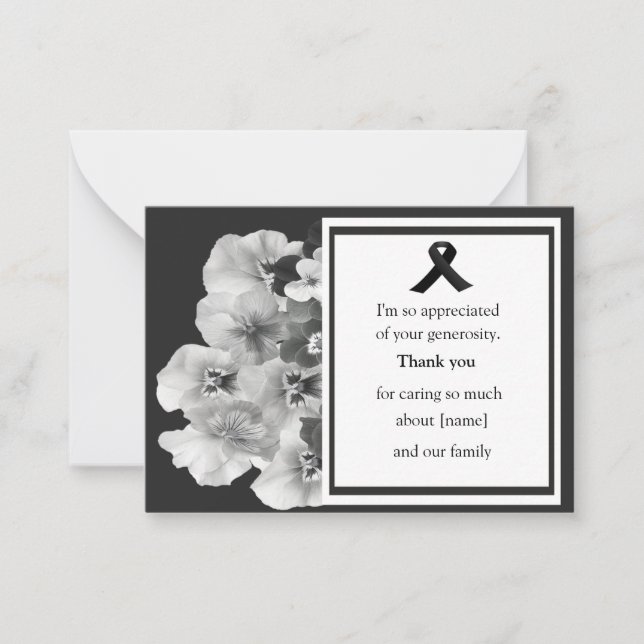 Black And White Pansy Funeral Thank You Card (Front)