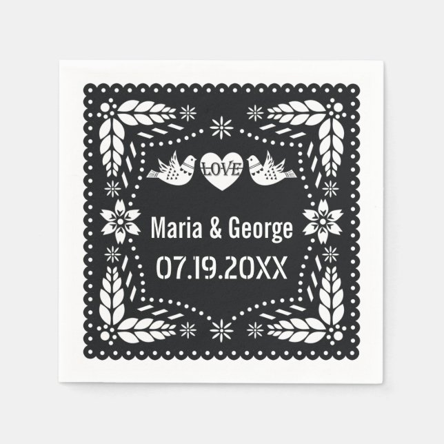 Black and white papel picado love birds wedding napkin (Front)
