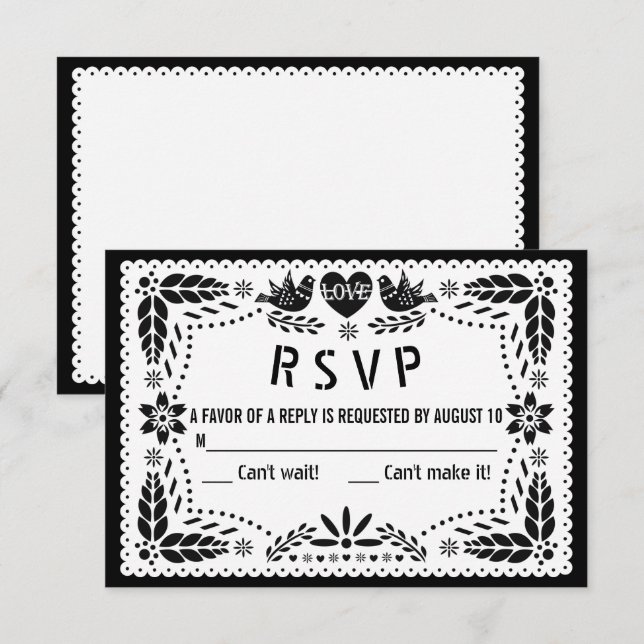 Black and white papel picado love birds wedding RSVP card (Front/Back)