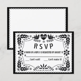 Black and white papel picado love birds wedding RSVP card