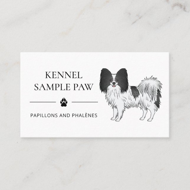 Black And White Papillon Cartoon Dog - Dog Kennel Business Card (Front)