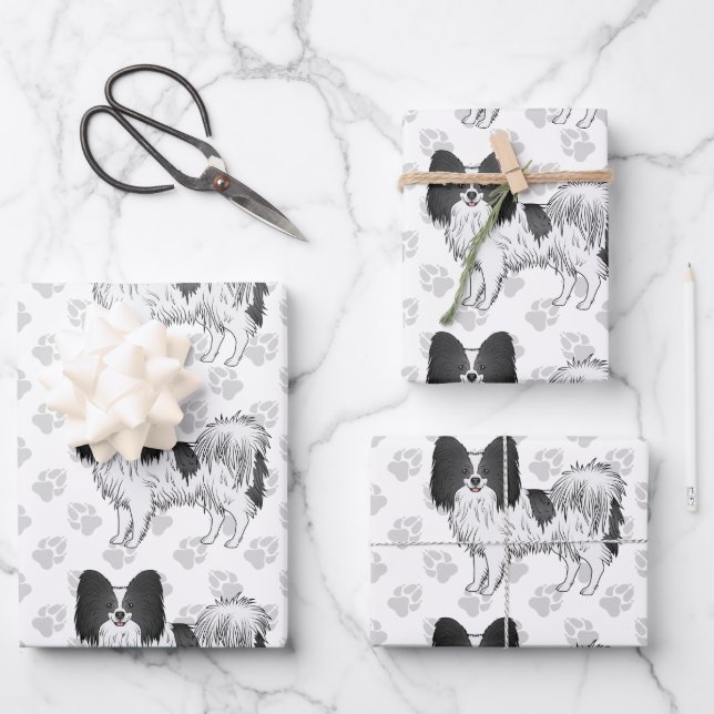 Black And White Papillon Cartoon Dogs With Paws Wrapping Paper Sheet (Front)