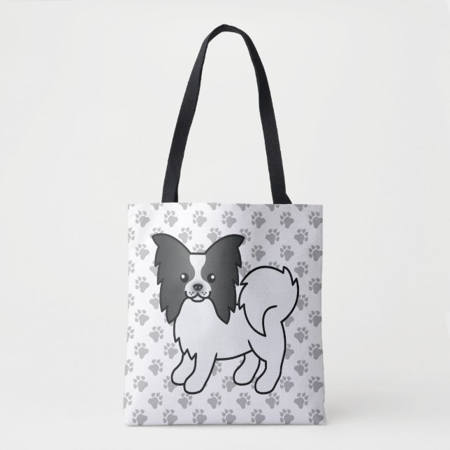 Black And White Papillon Cute Cartoon Dog & Paws Tote Bag (Front)