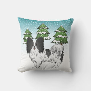 Black And White Papillon Cute Dog In Winter Forest Cushion