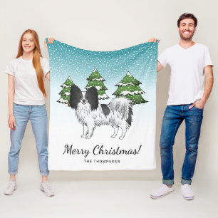 Black And White Papillon Cute Dog In Winter Forest Fleece Blanket