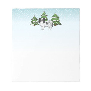 Black And White Papillon Cute Dog In Winter Forest Notepad