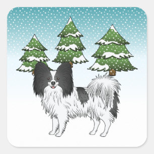 Black And White Papillon Cute Dog In Winter Forest Square Sticker