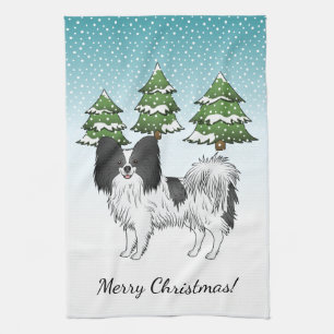 Black And White Papillon Cute Dog In Winter Forest Tea Towel