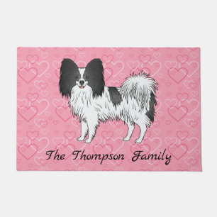 Black And White Papillon Cute Dog On Pink Hearts Doormat