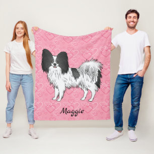 Black And White Papillon Cute Dog On Pink Hearts Fleece Blanket
