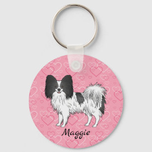 Black And White Papillon Cute Dog On Pink Hearts Key Ring