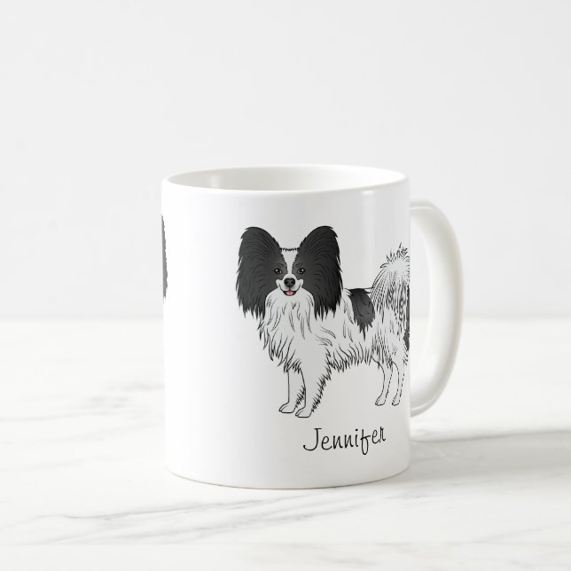 Black And White Papillon Cute Dog With Custom Name Coffee Mug (Front Right)