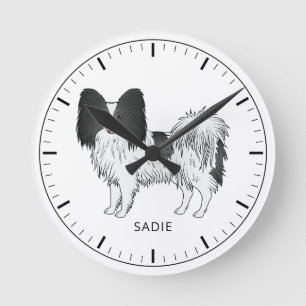 Black And White Papillon Cute Dog With Custom Text Round Clock