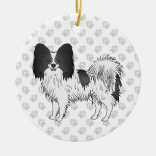 Black And White Papillon Cute Dog With Paws Ceramic Tree Decoration