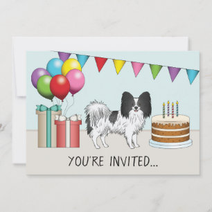 Black And White Papillon Dog Colourful Birthday Invitation