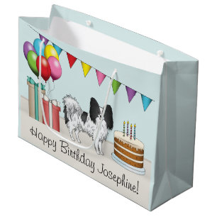 Black And White Papillon Dog Colourful Birthday Large Gift Bag