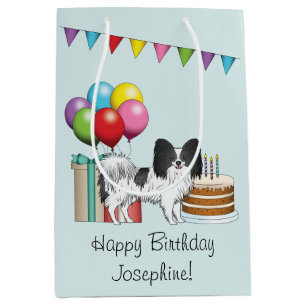 Black And White Papillon Dog Colourful Birthday Medium Gift Bag
