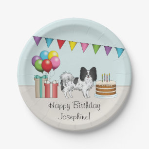 Black And White Papillon Dog Colourful Birthday Paper Plate