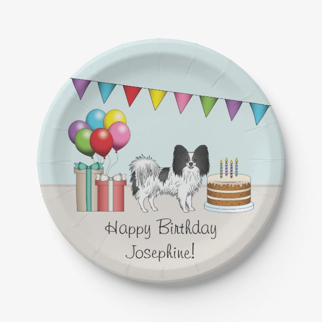 Black And White Papillon Dog Colourful Birthday Paper Plate (Front)