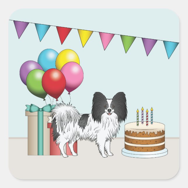 Black And White Papillon Dog Colourful Birthday Square Sticker (Front)