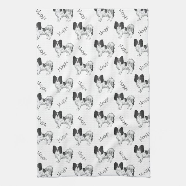 Black And White Papillon Dog Pattern With Name Tea Towel (Vertical)
