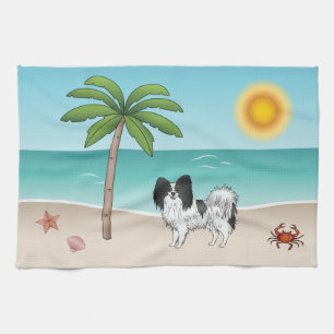 Black And White Papillon Dog Tropical Summer Beach Tea Towel