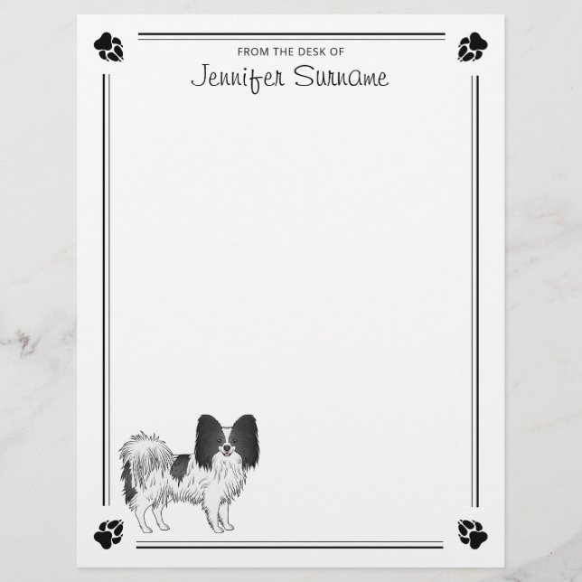 Black And White Papillon Dog With Paws And Text Custom Letterhead (Front)