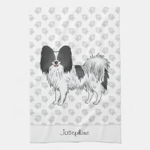 Black And White Papillon Dog With Paws And Text Tea Towel