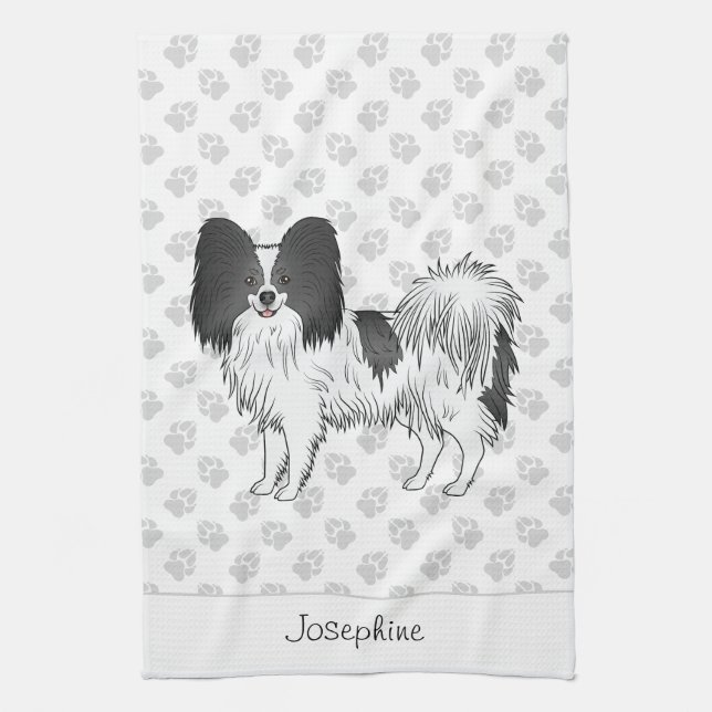 Black And White Papillon Dog With Paws And Text Tea Towel (Vertical)
