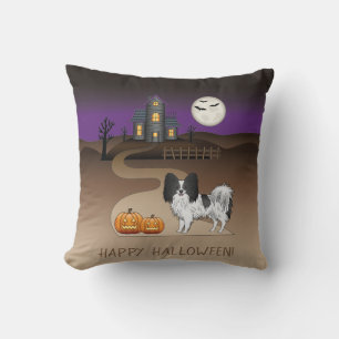 Black And White Papillon & Halloween Haunted House Cushion