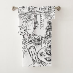 Black and White Paris Eiffel Toile Bath Towel Set
