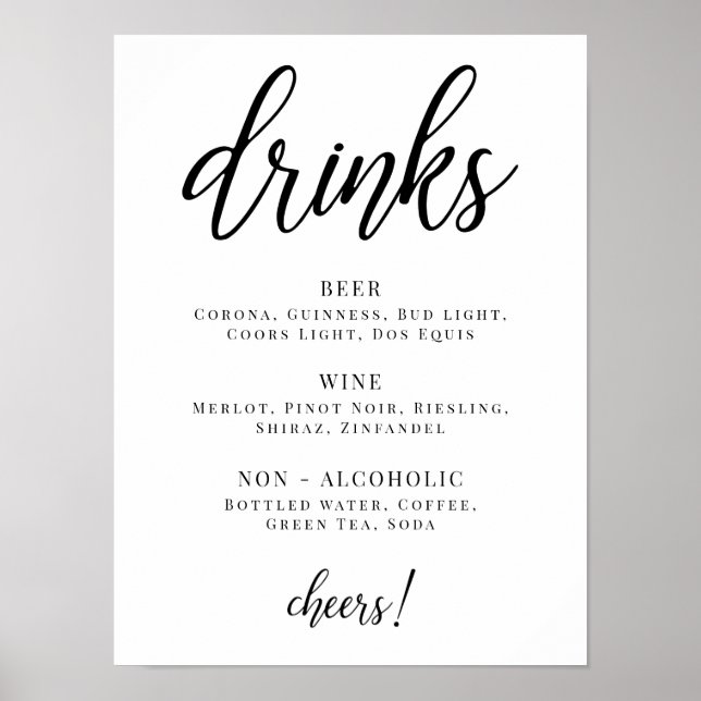 Black and White Party Drink Menu Poster (Front)