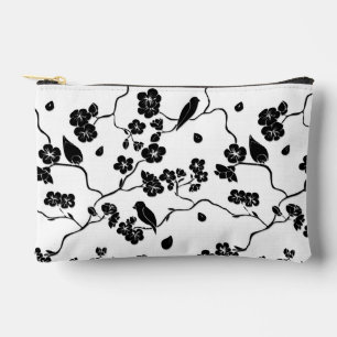 Black and White Pattern Birds on Cherry Blossoms   Accessory Pouch