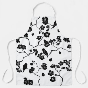 Black and White Pattern Birds on Cherry Blossoms   Apron