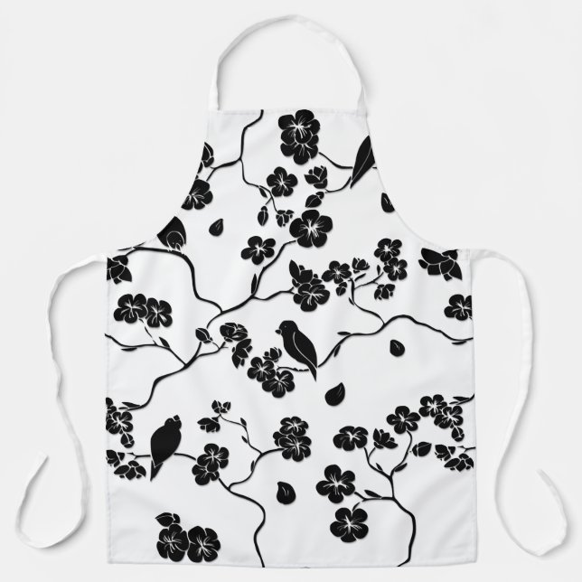 Black and White Pattern Birds on Cherry Blossoms   Apron (Front)